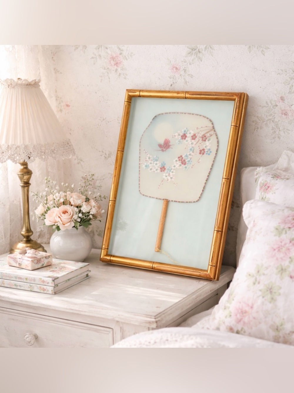 Vintage Silk Chinese Fan Paddle Hand Held Asian Gold Bamboo Style Frame Wall Art